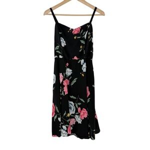 Old Navy Cami Dress Womens Medium Tall Black Floral Fit Flare Smocked 338996-01